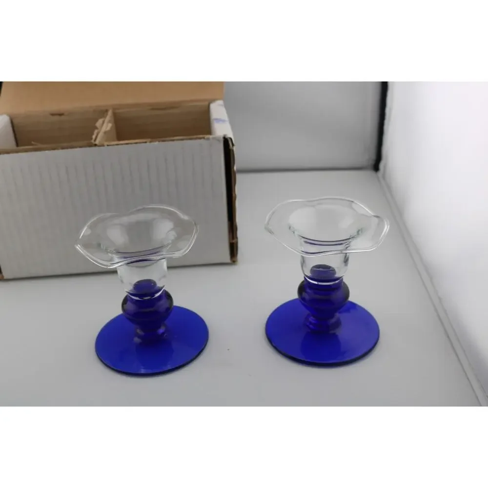 Princess House Crystal Cobalt Sapphire Blue Candlestick Holders #325 - Set Of 2